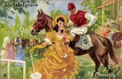 Künstler Ak, Chantilly, Dame flirtet m. Jockey a. Pferd
