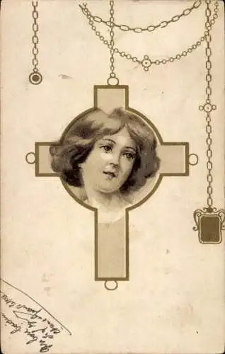 Litho Bildnis einer Frau in einem Kreuz