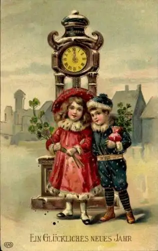 Präge Litho Glückwunsch Neujahr, Kinder vor einer Uhr, Klee