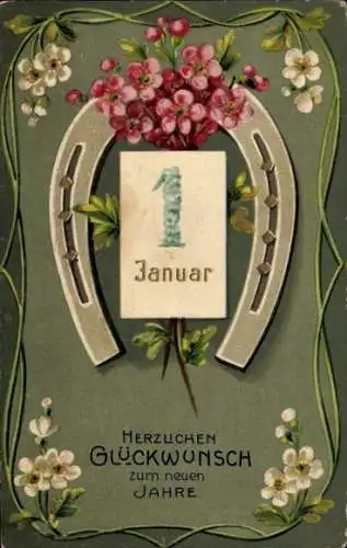 Präge Litho Glückwunsch Neujahr, Hufeisen, Kalender, Blüten