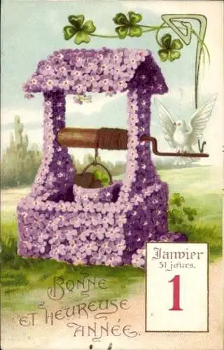 Ak Glückwunsch Neujahr, Brunnen aus Blüten, Kalender, Taube