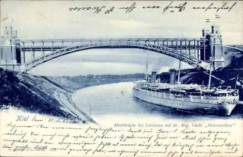 Ak Hochbrücke bei Levensau, Yacht Hohenzollern