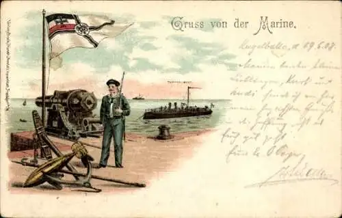 Litho Marinesoldat in Uniform, Fahne, Geschütz, Kriegsschiff