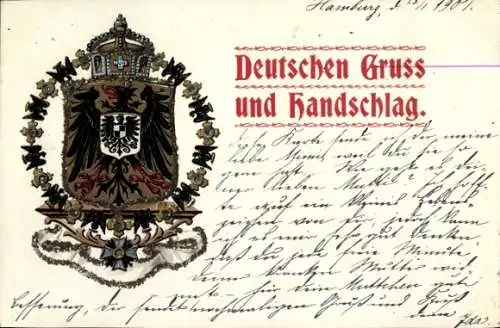 Wappen Ak Schwarzer Adler, Krone, Deutscher Gruß, Handschlag