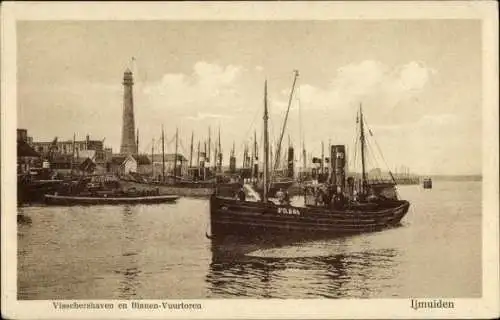 Ak IJmuiden Ymuiden Velsen Nordholland, Hafen, Leuchtturm, Fischerboot