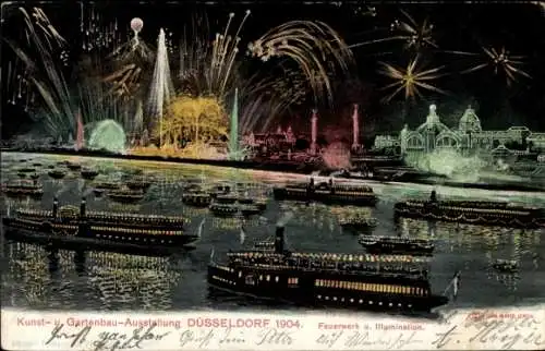 Ak Düsseldorf am Rhein, Kunst- und Gartenbau-Ausstellung 1904, Feuerwerk, Illumination, Schiffe