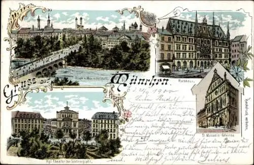 Litho München, Blick vom Maximilianeum, Rathaus, St. Michaelis Hofkirche, Theater