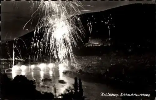 Ak Heidelberg am Neckar, Schlossbeleuchtung, Feuerwerk, Neckar, Brücke, Kirche