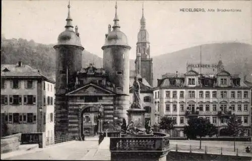 Ak Heidelberg am Neckar, Alte Brückentürme, Holländer-Hof, Statue