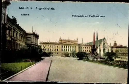 Ak Leipzig in Sachsen, Augustusplatz, Museum, Universität mit Paulinerkirche