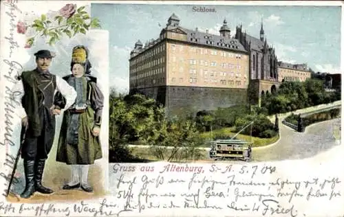 Ak Altenburg in Thüringen, Schloss, Straßenbahn, Paar in Tracht