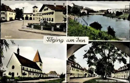 Ak Töging am Inn Oberbayern, Rathaus, Kraftwerk, Wasserschloss-Siedlung, St. Josef