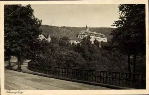 Ak Schwarzburg in Thüringen, Schloss Schwarzburg von der Terrasse