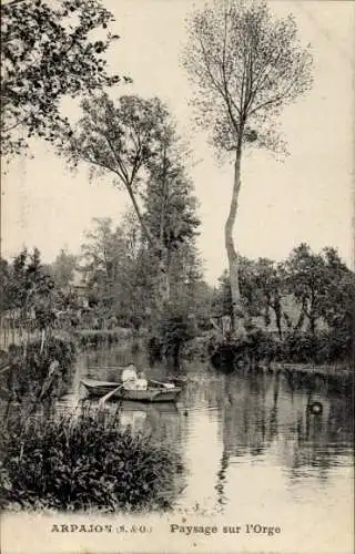 Ak Arpajon Essonne, Paysage sur l'Orge, Ruderboot