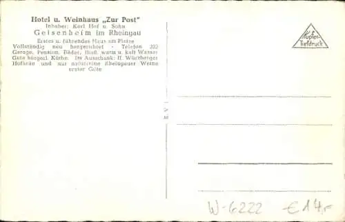 Ak Geisenheim am Rhein Hessen, Hotel und Weinhaus zur Post, Außenansicht, Inh. Karl Hof