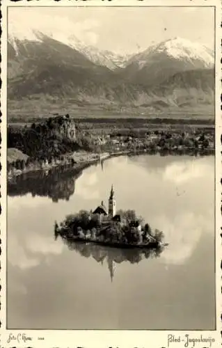 Ak Bled Veldes Slowenien, Gesamtansicht des Ortes, Insel, Kirche