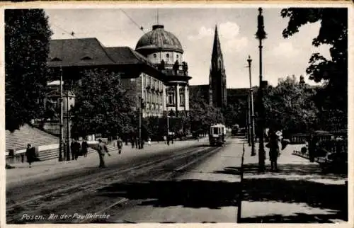 Ak Poznań Posen, Paulikirche, Straßenbahn