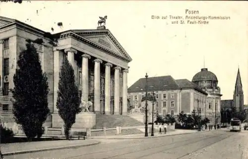 Ak Poznań Posen, Theater, Ansiedlungskommission und St Paulikirche