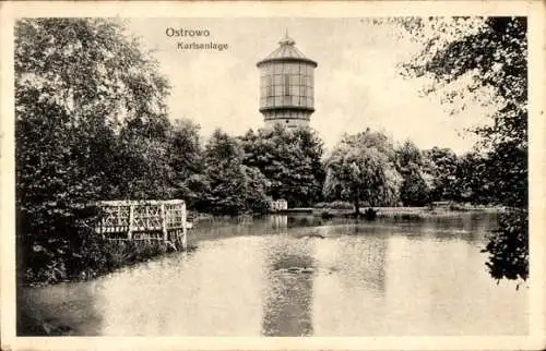 Ak Ostrów Wielkopolski Ostrow Poznań Posen, Karlsanlage, Wasserturm