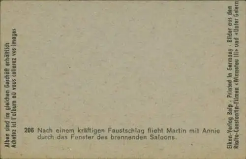 Sammelbild Karl May, Filmszene Winnetou III, Unter Geiern, Nr. 206, Martin, Annie, brennender Saloon