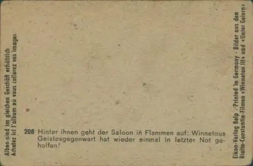 Sammelbild Karl May, Filmszene Winnetou III, Unter Geiern, Nr. 208, Saloon in Flammen