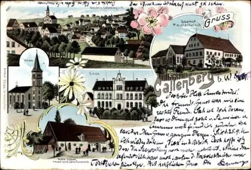 Litho Callenberg in Sachsen, Gasthof Plauenscher Hof, Kirche, Schule, Historische Scheune, Totale