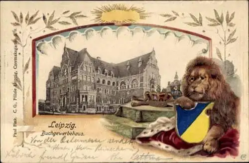 Präge Wappen Litho Leipzig in Sachsen, Buchgewerbehaus, Löwe