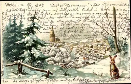 Präge Litho Weida in Thüringen, Panorama im Winter, Hase