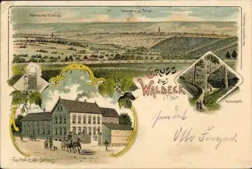 Litho Waldeck in Thüringen, Gasthof zum alten Schloss, Hochwaldgrotte, Panorama Bürgel