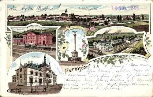 Litho Hermsdorf in Thüringen, Rathaus, Bahnhof, Panorama