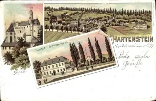 Litho Hartenstein im Erzgebirge Sachsen, Totale, Gasthof Schützenhaus, Schloss