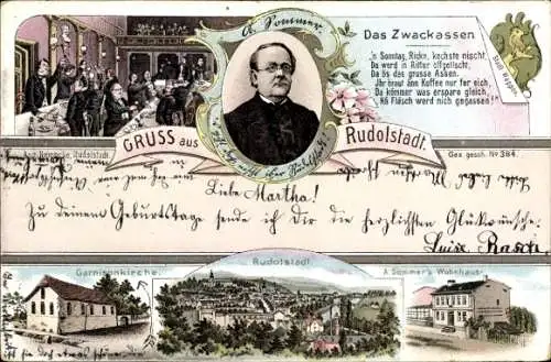 Litho Rudolstadt in Thüringen, Das Zwackassen, Anton Sommer, Garniskonkirche, Wohnhaus