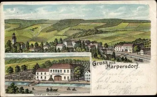 Litho Harpersdorf Kraftsdorf in Thüringen, Gasthof zum Reichsadler, Totalansicht