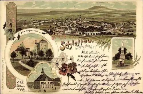 Litho Schlettau im Erzgebirge, Kriegerdenkmal, Rathaus, Schloss, Totalansicht