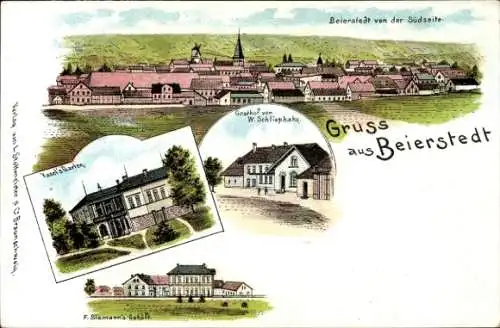 Litho Beierstedt Niedersachsen, Vasel's Garten, Gasthof W. Schliephake, Gehöft F. Siemann