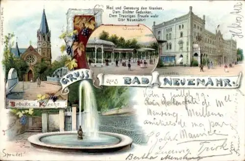 Litho Bad Neuenahr Ahrweiler, Brücke und Kirche, Sprudel, Wandelbahn, Kurhotel