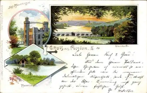 Litho Potsdam in Brandenburg, Glienicker Brücke, Pfaueninsel, Schloss