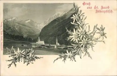 Ak Innerpfitsch Pfitsch Val di Vizze Südtirol, Kirche St. Jacob, Gebirge, Edelweiß