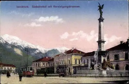 Ak Innsbruck in Tirol, Südbahnhof mit Vereinigungsbrunnen