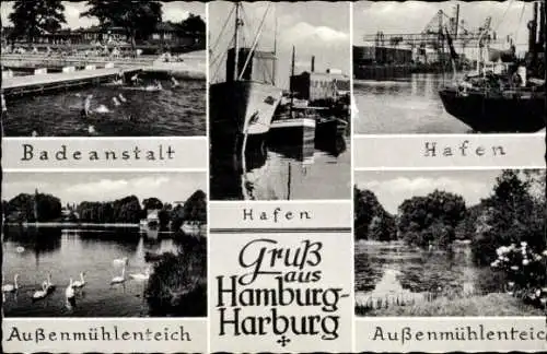 Ak Hamburg Harburg, Bad, Hafen, Außenmühlenteich