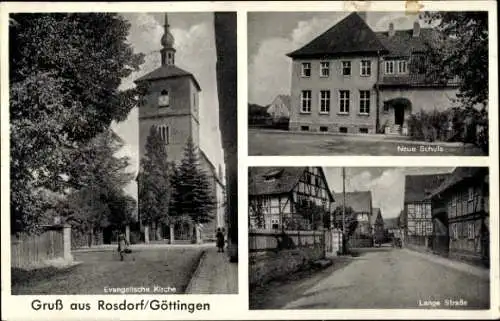 Ak Rosdorf in Niedersachsen, Kirche, neue Schule, Lange Straße