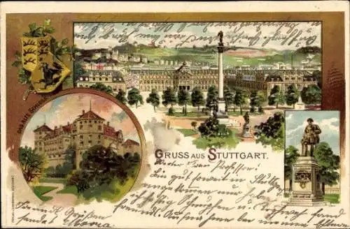 Litho Stuttgart in Württemberg, Schloss, Denkmal, Wappen