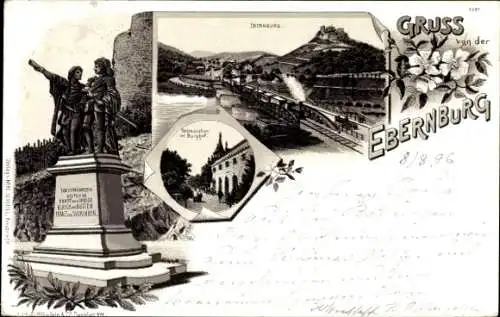 Litho Bad Münster am Stein Ebernburg, Eisenbahnbrücke, Burghof, Denkmal Hutten und Sickingen