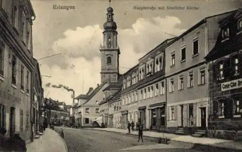 Ak Erlangen in Mittelfranken Bayern, Hauptstraße mit Altstädter Kirche, Geschäfte