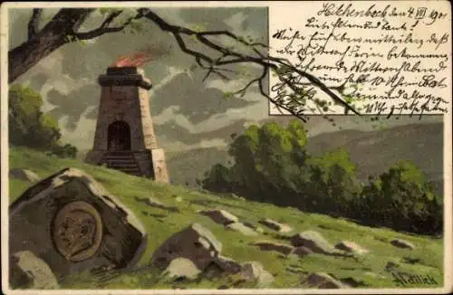 Künstler Litho Mailick, A., zerstörtes und brennendes Denkmal in Wiesenlandschaft