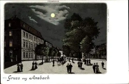 Mondschein Litho Ansbach in Mittelfranken Bayern, Promenade bei Nacht