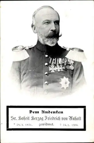 Ak Herzog Friedrich I. von Anhalt, Portrait, Uniform, Orden, Trauerkarte zum Tod 1904