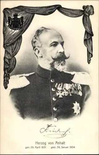 Ak Herzog Friedrich I von Anhalt, Trauerkarte zum Tod 1904, Portrait in Uniform, Orden