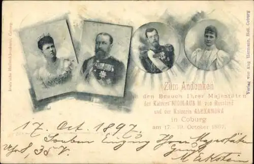 Ak Zar Nikolaus II. von Russland, Zarin Alexandra, Besuch in Coburg 1897, Herzog Alfred von S.-C.-G.