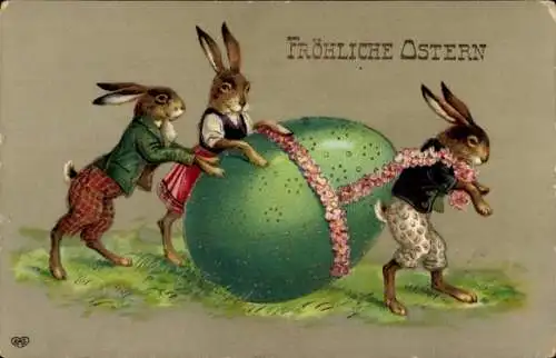 Ak Glückwunsch Ostern, Osterhasen, Osterei, Blumen